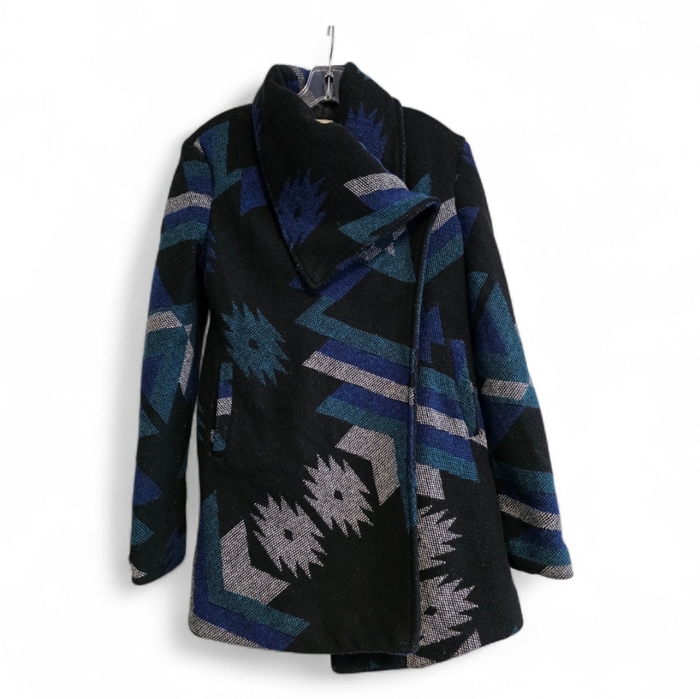 Thread & Supply Black Pea Coat with Blue and Gray Aztec Motif
